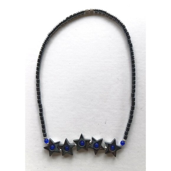 Hematite Star Necklace With Blue Accents - Magnetic Clasp - Unisex Jewelry - Picture 1 of 2